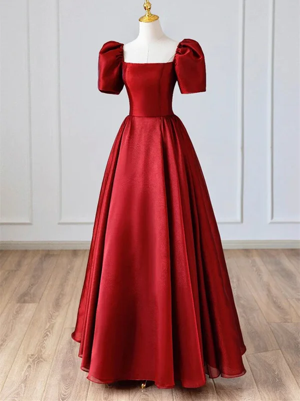 A Line Burgundy Satin Long Prom Dress, Simple A Line Short Sleeve Formal Evening Dress Tunics stripes playful