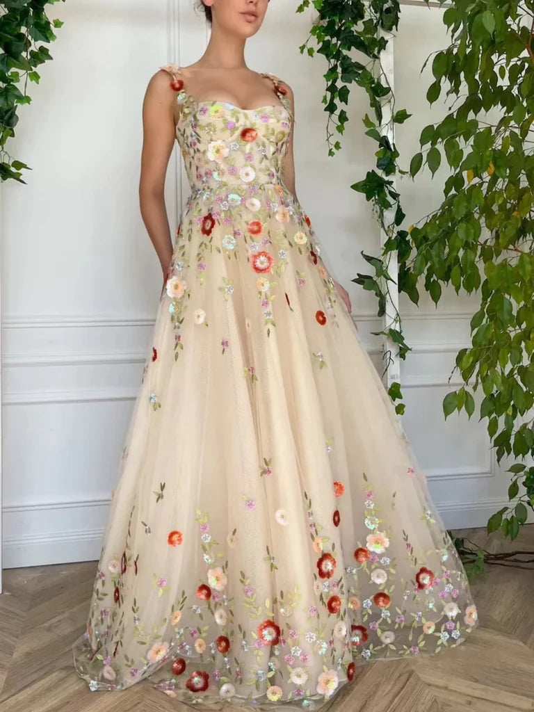Champagne A Line Tulle Floral Long Prom Dresses, Champagne Formal Graduation Evening Dresses with 3D Flowers Tunics Plaid country