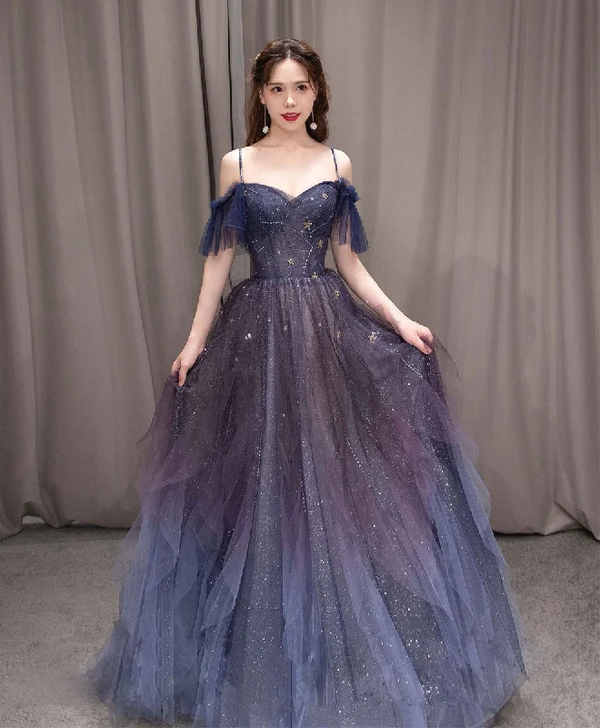 A-line Dark Purple Tulle Long Prom Dress, Purple Formal Party Dresses Boatneck Modish Everyday