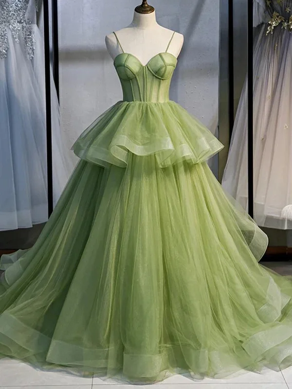 A Line Green Tulle Long Prom Dresses With Train, Green Tulle Long Formal Evening Dresses Tunics Evening elegant