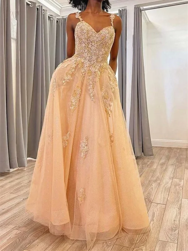 A Line Open Back Champagne Lace Tulle Long Prom Dress, Champagne Lace Formal Graduation Evening Dress Tunics Party sparkling