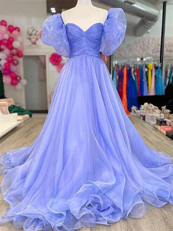 A Line Organza Purple Long Prom Dress, Lovely Puff Sleeve Formal Evening Dress Off-the-shoulder Chic Trendy