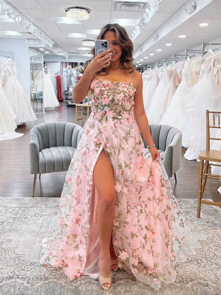 A Line Pink Floral Long Prom Dresses with High Slit, Long Pink Formal Graduation Evening Dresses with 3D Flowers empire Waist empire