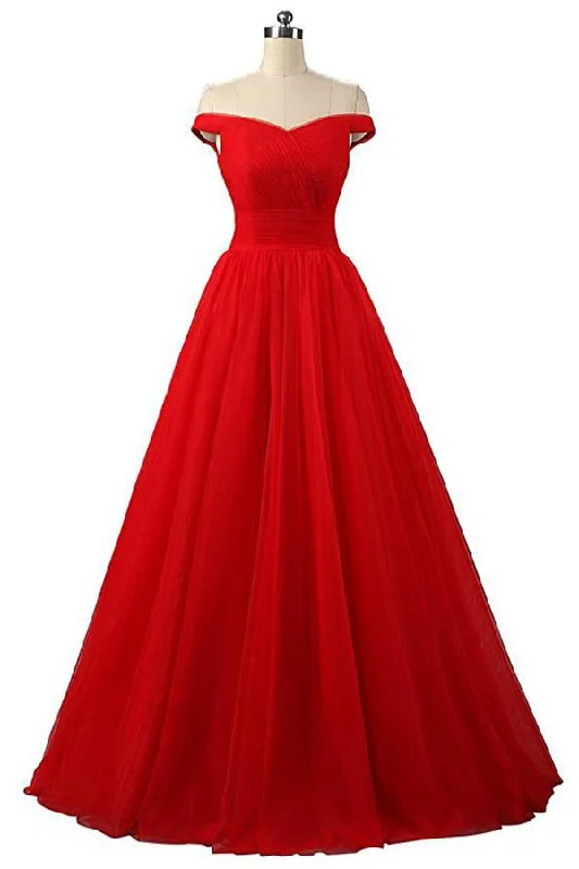 A-line Red Floor Length Tulle PromDresses Evening Dresses PG247 Tunics Luxurious premium