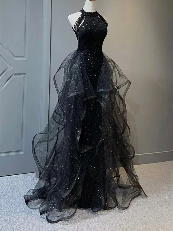 A Line Shiny Black Tulle Long Party Dress with Beaded, Black Formal Evening Dress Tunics Fleece cozy