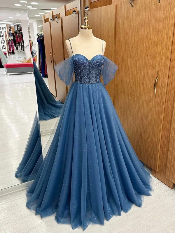 A Line Sweetheart Neck Beading Tulle Blue Long Prom Dresses, Blue Tulle Formal Evening Dresses Tunics Luxurious high-end