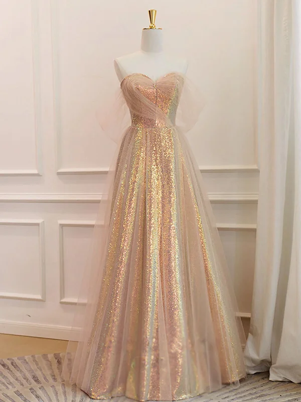 A Line Sweetheart Neck Gold Tulle Sequin Long Prom Dresses, Gold SequinTulle Formal Evening Dresses Tunics Office stylish