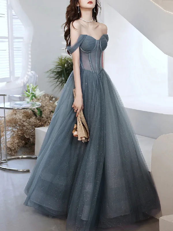 A-line Sweetheart Neck Gray Blue Tulle Long Prom Dress Blue Evening Dress Tunics Distressed trendy