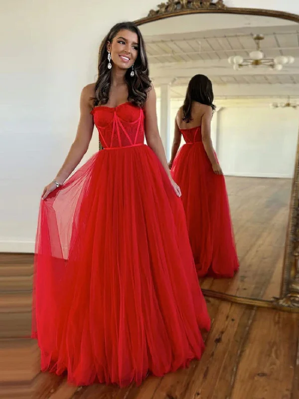A Line Sweetheart Neck Red/Black Lace Tulle Long Prom Dress, Red/Black Formal Evening Dress Tunics Occasion special