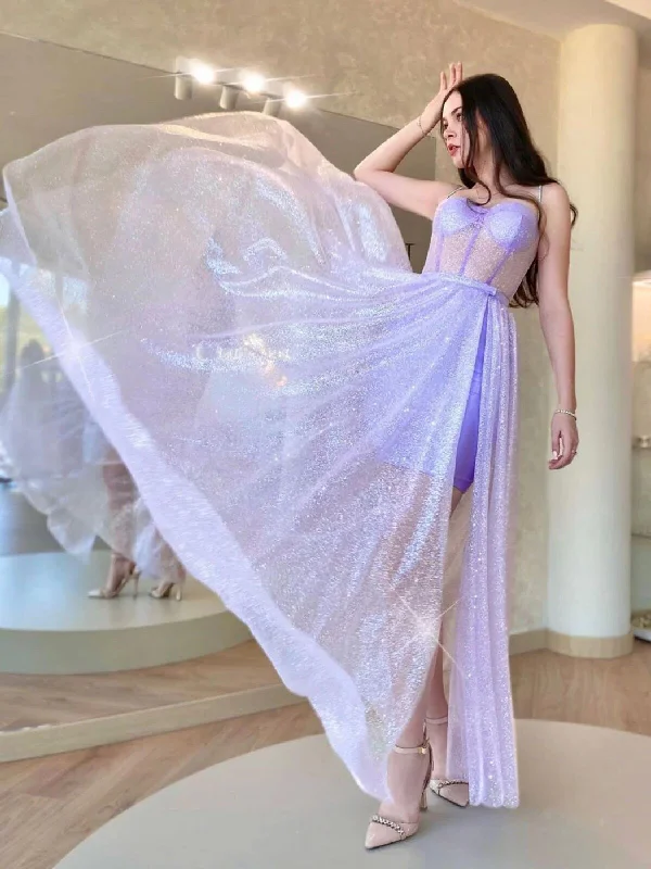 A Line Sweetheart Neck Tulle Purple Long Prom Dress, Purple Evening Dress Tunics Fashionable trendy