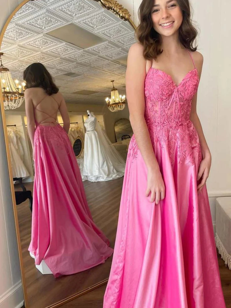 A Line V Neck Backless Pink Lace Long Prom Dresses, Pink Lace Formal Dresses, Pink Evening Dresses Tunics Chic fashionable