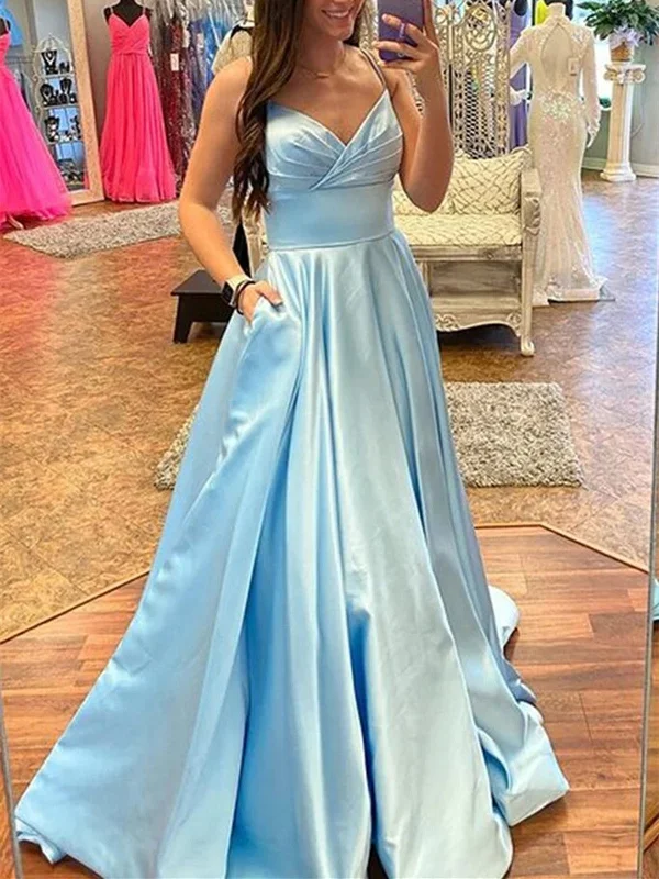 A Line V Neck Blue Satin Long Prom Dress, Long Blue Formal Graduation Evening Dress Pleated Skirt Elegant