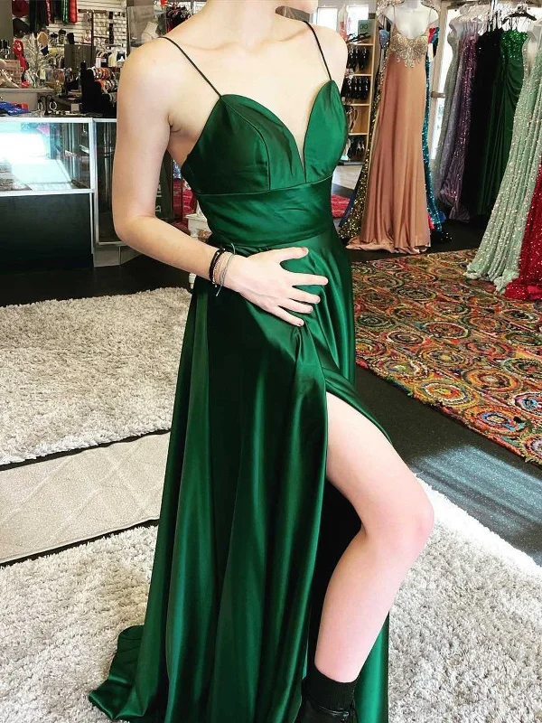 A Line V Neck Empire Waist Green Prom Dress with Slit, Green Long Formal Evening Dress Pencil Length Work