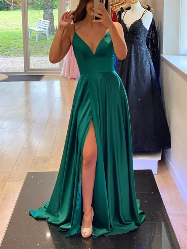 A Line V Neck Green Satin Long Prom Dresses, A Line V Neck Green Satin Long Formal Evening Dresses Tunics Polka dots