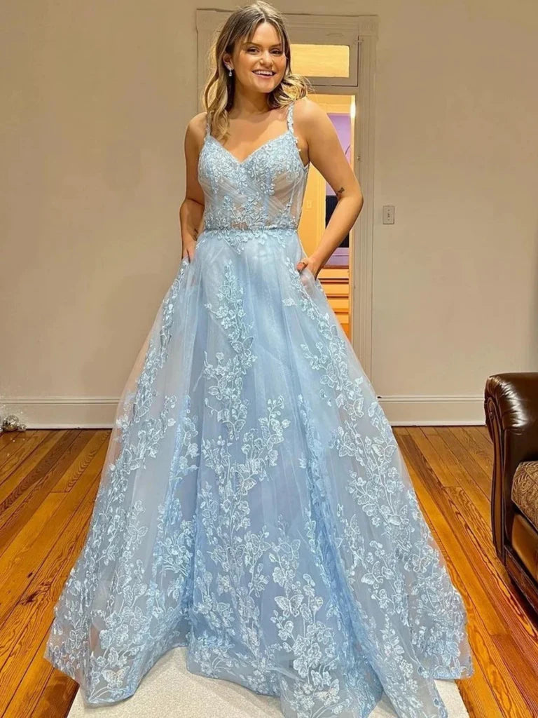 A Line V Neck Light Blue Lace Long Prom Dresses, Light Blue Floral Formal Graduation Evening Dresses Pencil Length Work