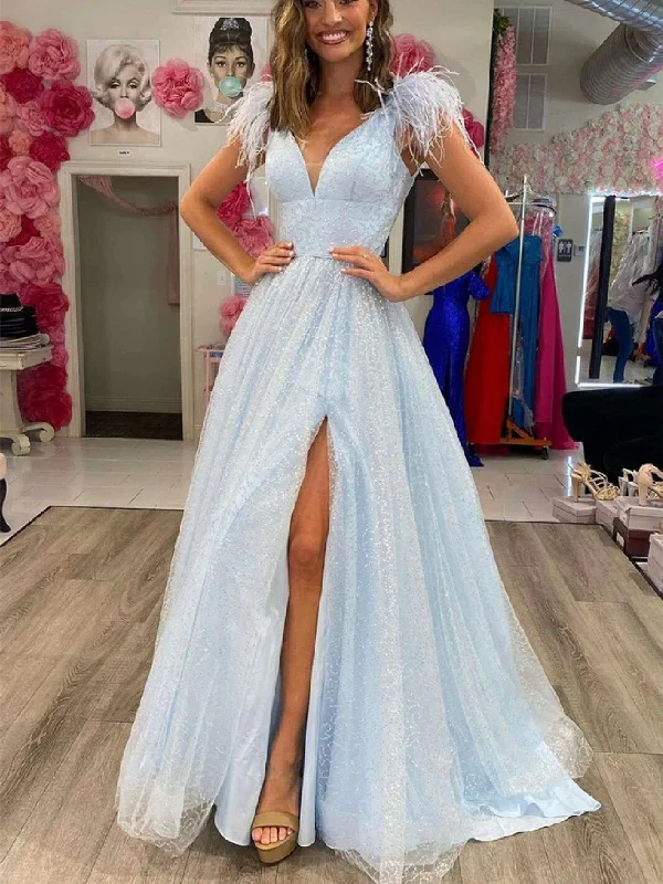 A Line V Neck Light Blue/White Long Prom Dress with High Slit, Light Blue/White Formal Graduation Evening Dress Satin Halter Glamorous