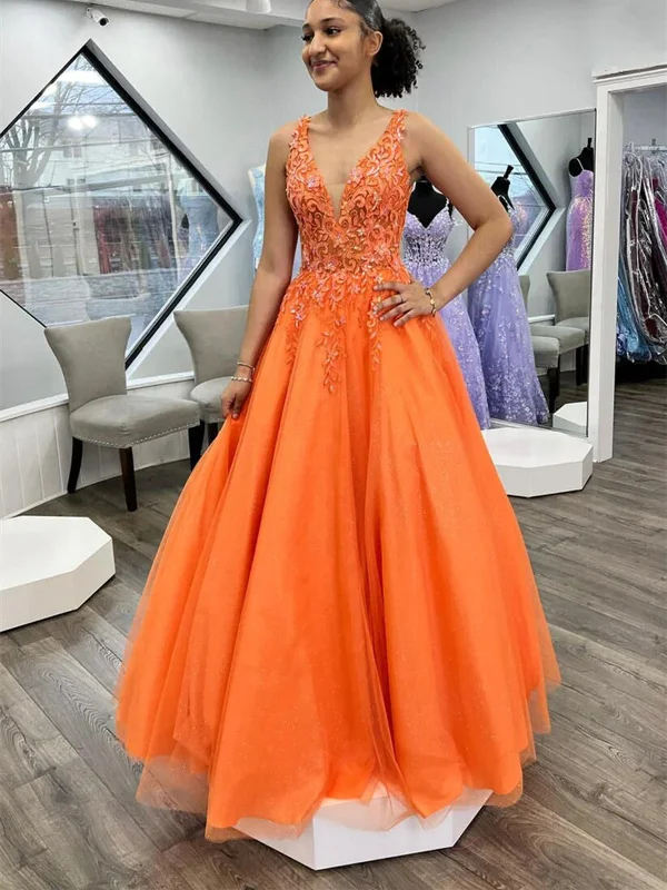 A Line V Neck Orange Lace Long Prom Dress, Long Orange Formal Dress, Orange Lace Evening Dress Glittery Long Formal