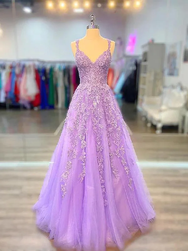 A Line V Neck Purple Lace Prom Dresses, Purple Lace Formal Evening Dresses Tunics Running lightweight