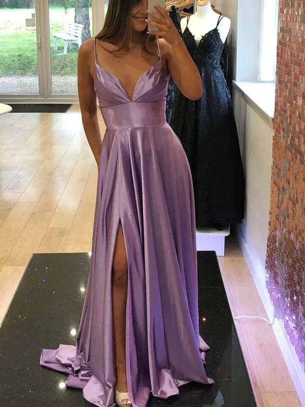 A Line V Neck Purple Prom Dress with Slit, Purple Long Formal Evening Dress Tunics Stylish modern