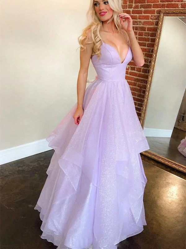 A Line V Neck Purple Tulle Long Prom Dresses, A Line V Neck Purple Tulle Long Formal Evening Dresses Tunics Top rated