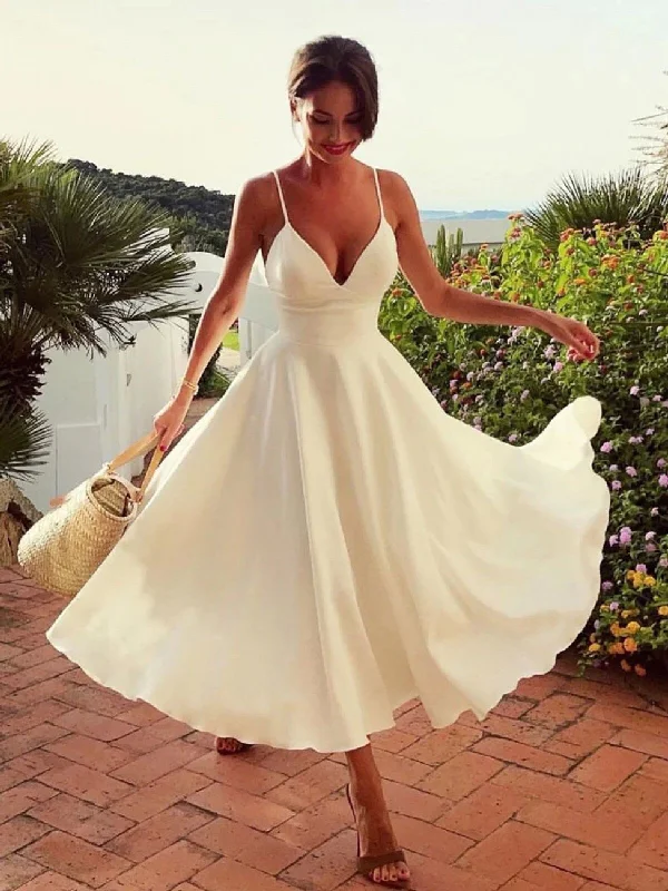A Line V Neck White Prom Dresses, Satin Tea Length White Formal Wedding Party Dress Tunics Bestseller popular