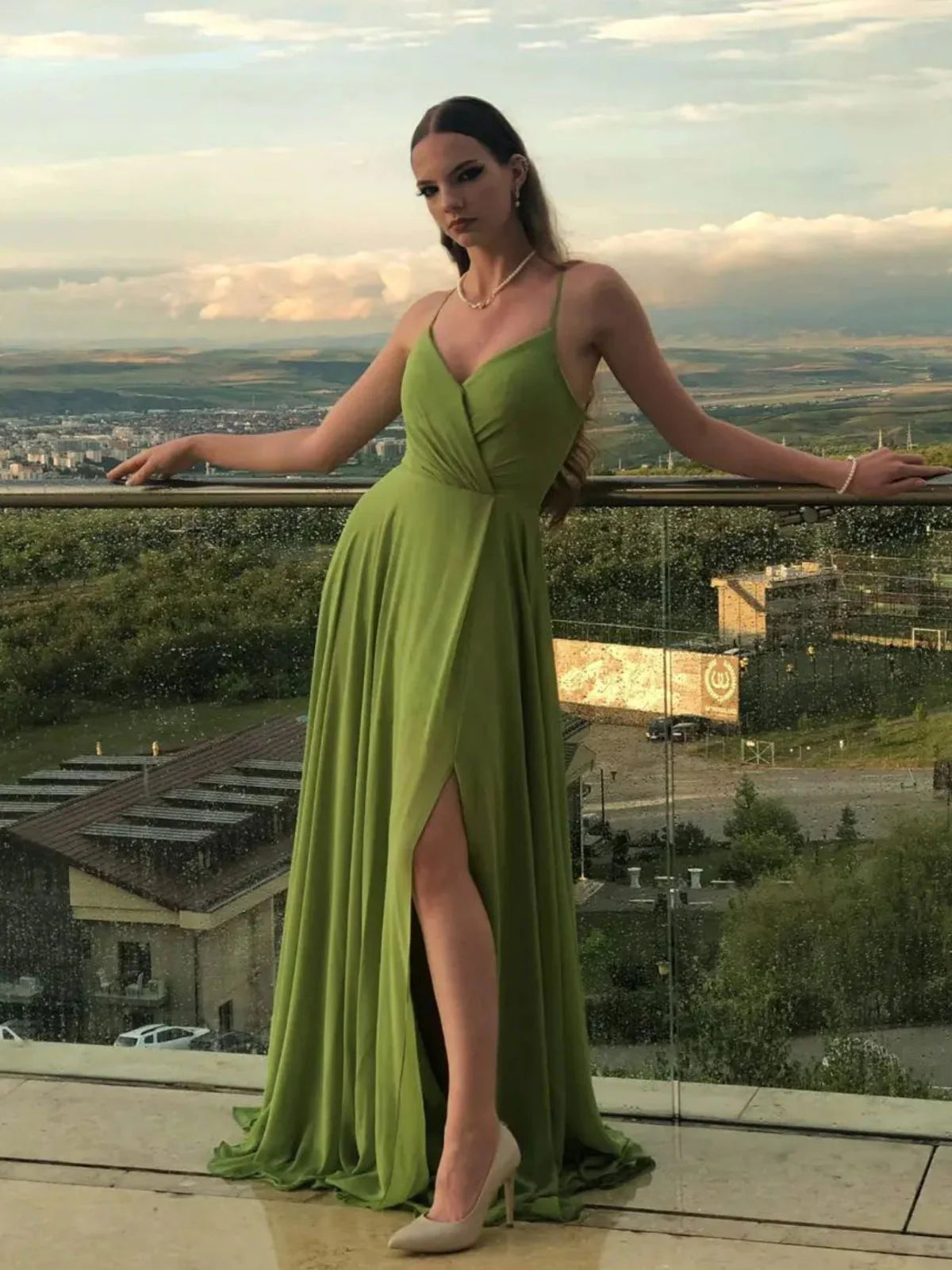 A Line V Neck Simple Green Chiffon Long Prom Dresses, Green Evening Dresses Shift Classic Vintage