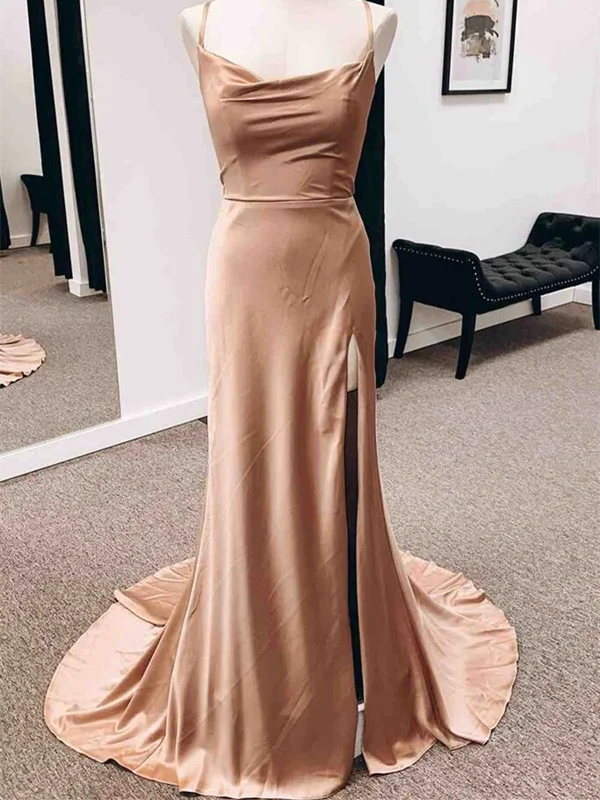 Backless Champagne Long Prom Dress with High Slit, Long Champagne Formal Graduation Evening Dress Tunics Distressed trendy