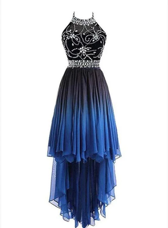 Beautiful Beaded High Low Chiffon Gradient Party Dress, Blue Homecoming Dress Halter Neckline Beach