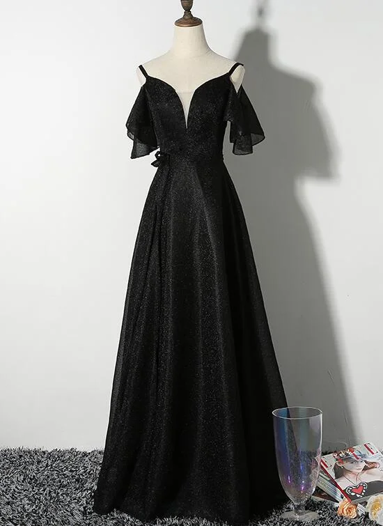 Beautiful Black Straps V-neckline Long Party Dress, Black Formal Gown Chiffon Maxi Beach