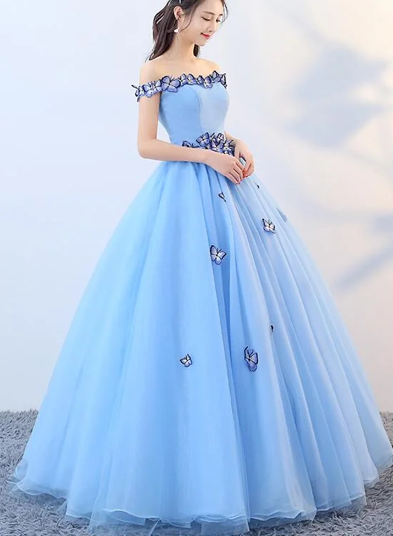 Beautiful Blue Off Shoulder Long Party Dress, Sweet 16 Dresses Glittery Long Formal