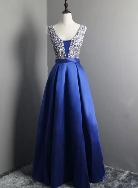 Beautiful Blue Satin Prom Dress V Neck Beaded Long Prom Dress, Party Dress Tunics Evening elegant