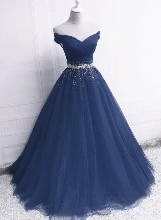 Beautiful Blue Tulle Long Sweetheart Beaded Party Dress, Blue Formal Dress Tunics Ceremony elegant
