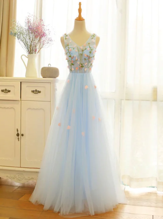 Beautiful Blue V-neckline Floral Lace Tulle Party Dress, A-line Blue Evening Dress Prom Dresses Tunics Chic elegant