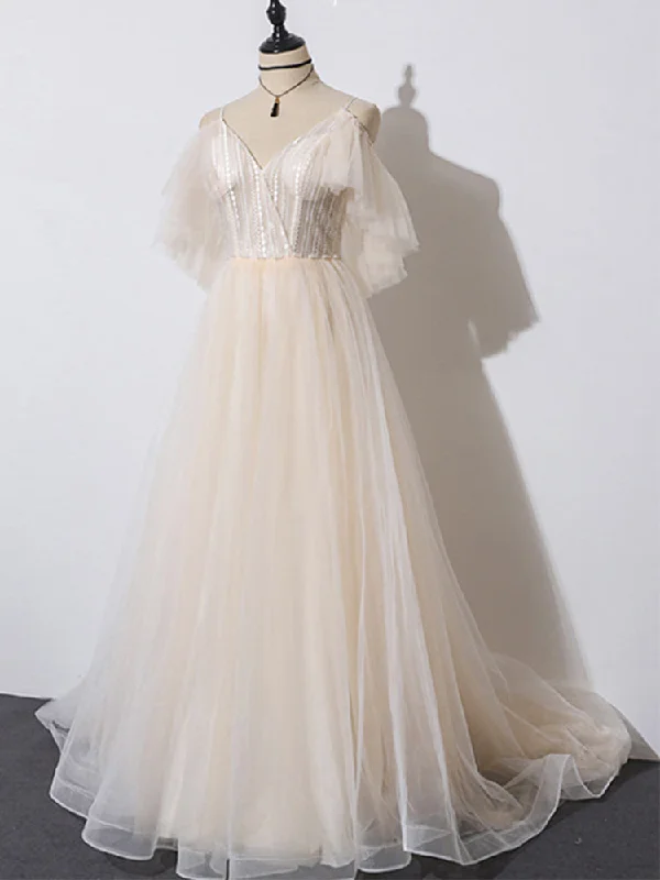 Beautiful Champagne Tulle Long A-line Party Dress, Evening Gown Tunics Recommended stylist