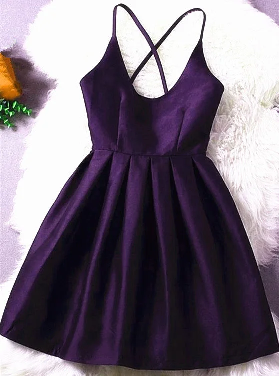 Beautiful Dark Purple Satin Short Homecoming Dress, Cute Party Dress Pencil Length Work