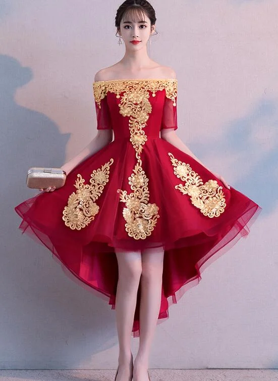 Beautiful Dark Red High Low Tulle Party Dress, Wine Red Off Shoulder Prom Dress Tunics Trendy modern