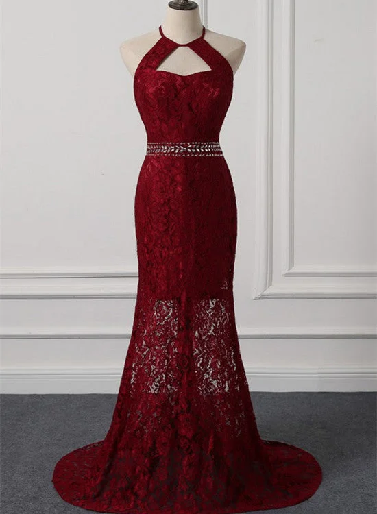 Beautiful Dark Red Lace Halter Beaded Evening Dress, Mermaid Prom Dress Tunics Occasion special