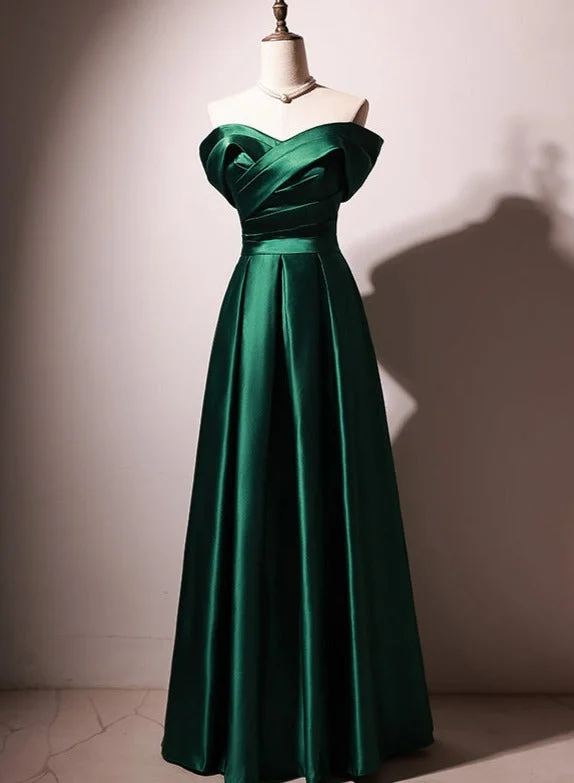 Beautiful Green Satin A-line Off Shoulder Prom Dresses, Green Evening Dress Party Dresses Tunics Floral girly