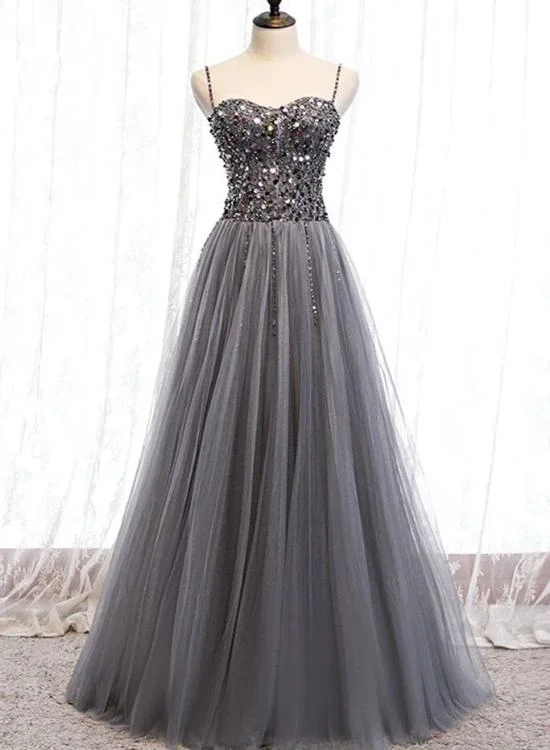Beautiful Grey Beaded Tulle Prom Dresses, Straps Party Dress Tunics Business professional