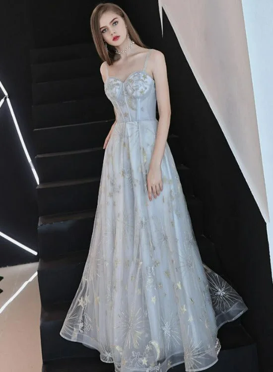 Beautiful Grey-Blue Straps Sweetheart Tulle Long Party Dresses, A-line Formal Dresses Pleated Skirt Elegant