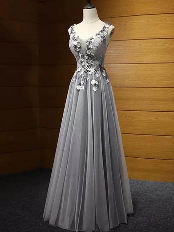 Beautiful Grey Scoop Floor length Tulle Prom Dress,Wedding Party Dress Tunics Summer linen