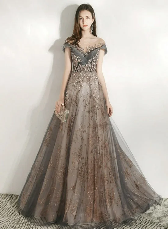 Beautiful Grey Shiny Tulle and Lace Long Formal Dress Party Dress, V-neckline Prom Dress 2022 Square Neckline Feminine