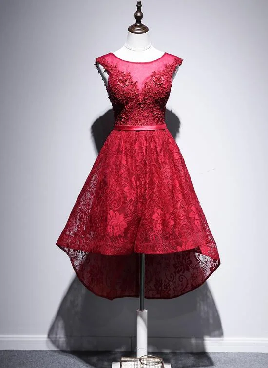 Beautiful High Low Lace Dark Red Party Dress, High Low Homecoming Dress Tunics Review highly