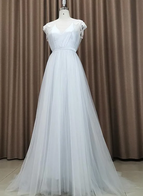 Beautiful Light Grey Tulle Long Party Dress, Light Grey Evening Gown Tunics Brand named