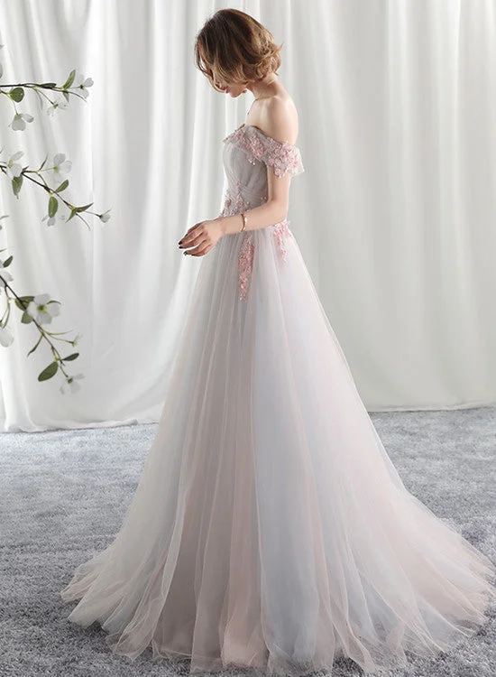 Beautiful Light Pink Tulle Party Gown, Off Shoulder Evening Dress Tunics stripes playful