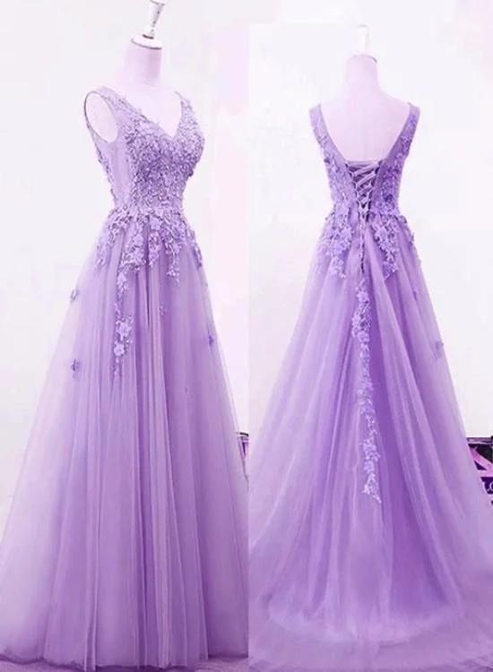 Beautiful Light Purple Tulle A-line Party Dress , Long Formal Gown Peplum Ruffle Cocktail