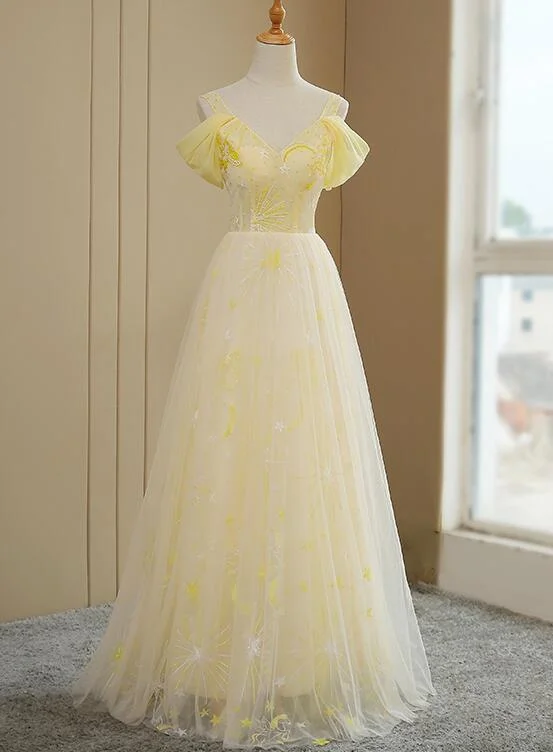 Beautiful Light Yellow Tulle Off Shoulder Evening Dress, Fashion Long Prom Dress Tunics Summer linen