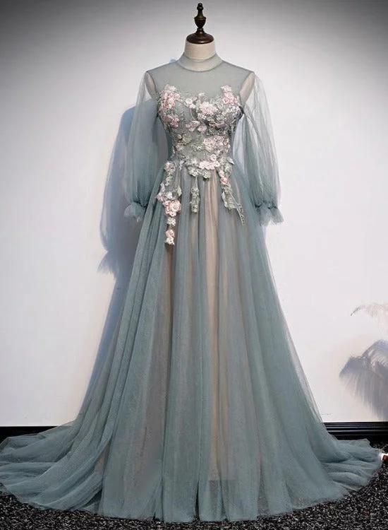 Beautiful Long Sleeves Tulle Party Dress with Lace Applique, A-line Wedding Party Dress Tunics Chinos classic
