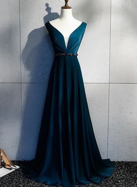 Beautiful Long V Back Evening Gown, Charming Green Party Dress Satin Halter Glamorous