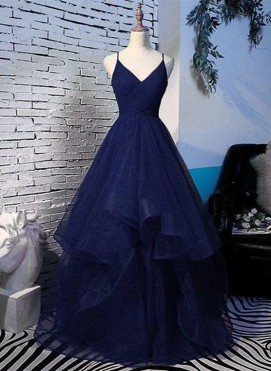 Beautiful Navy Blue Tulle V-neckline Straps Long Party Dress, Blue Formal Gown Tunics Summer linen
